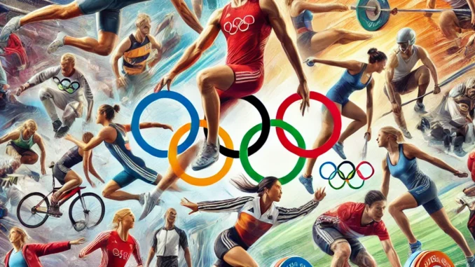 DALL·E 2025-03-16 14.28.01 - An artistic collage representing the diverse sports in the Olympic Games, featuring realistic depictions of athletes in action. Include visuals of tra