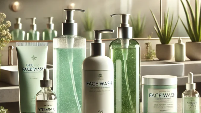DALL·E 2025-03-16 20.17.10 - A beautifully arranged display of face wash products on a sleek bathroom countertop, presented in a landscape view. The products include gel, foam, an